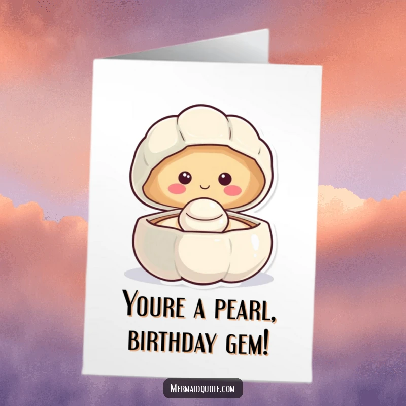 Funny Free Printable Birthday Card: a smiling clam opening to reveal a happy pearl, wishing a joyous birthday.