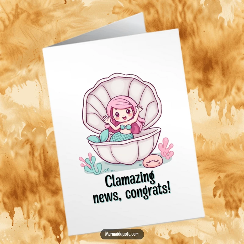 Funny Free Printable Congratulations Card showing a mermaid waving hello from inside a large, open clam shell, offering warm wishes.