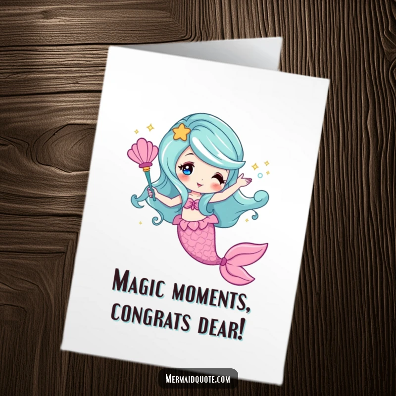 Free Printable Congratulations Card showing a mermaid waving a seashell wand, creating dazzling sparkles to celebrate a special milestone.
