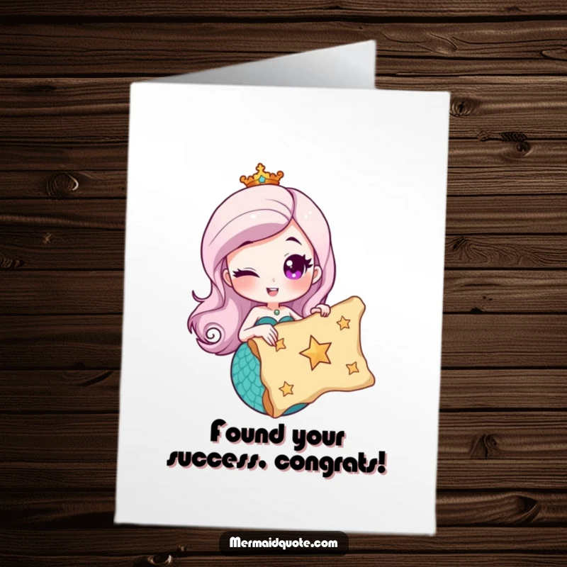 Funny free printable congratulations card of a winking mermaid holding a treasure map with a star, celebrating a discovered achievement.