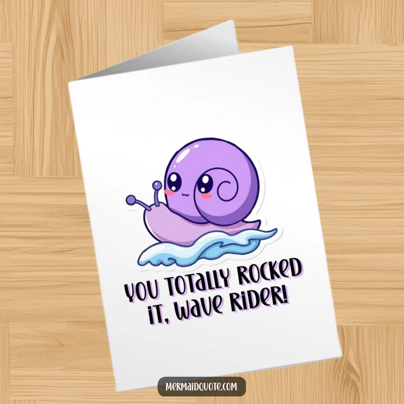 Funny Free Printable Congratulations Card: Purple sea snail joyfully rides a small wave, celebrating success.