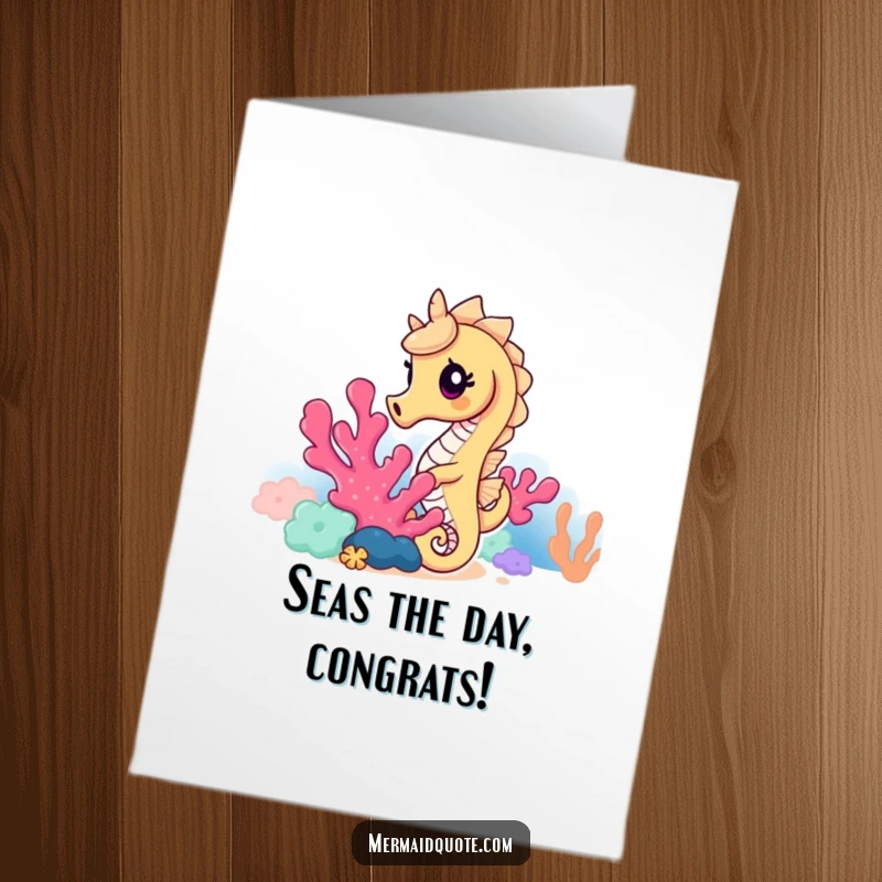 Funny Free Printable Congratulations Card: a curious seahorse peeking from coral, sharing in the joy of achievement.