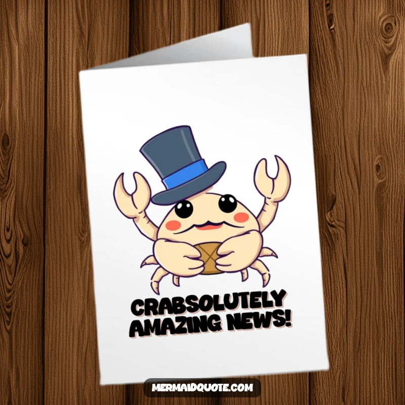 Funny Free Printable Congratulations Card: A curious crab wearing a top hat proudly displays a tiny treasure, celebrating an achievement.