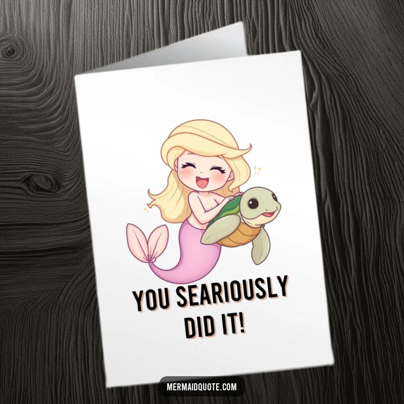 Funny Free Printable Congrats Card: A laughing mermaid playfully tickles a shy sea turtle in celebration.