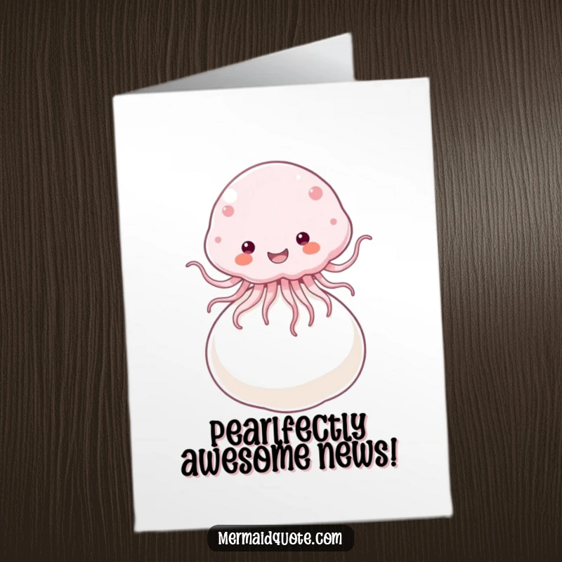 Funny Free Printable congratulations card featuring a fluffy jellyfish happily bouncing on a large pearl, celebrating success.