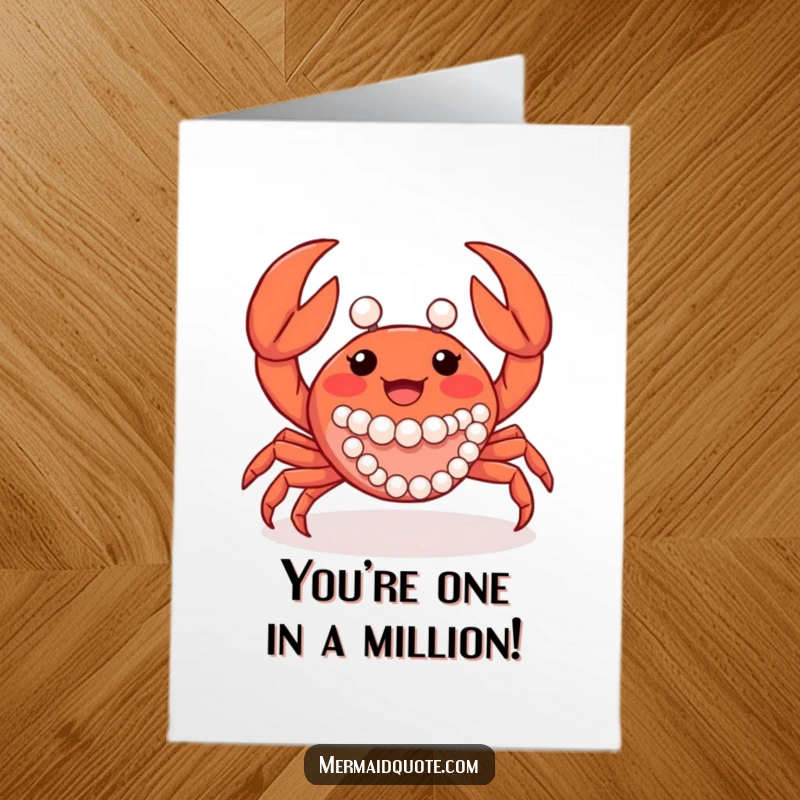 Funny Free Printable Congratulations Card: A joyful crab with pearls waves its claws in celebration.