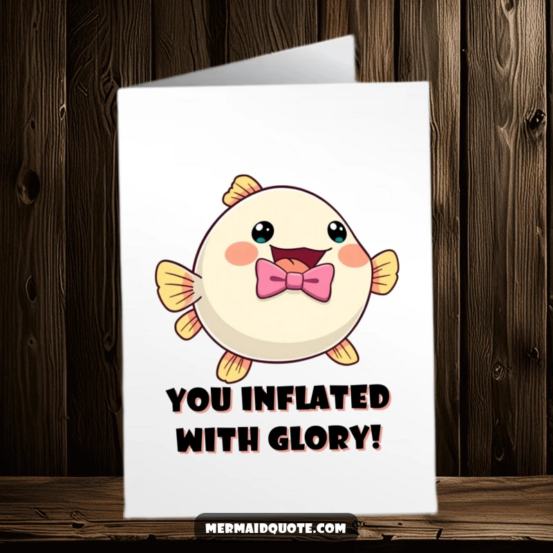 Funny Free Printable Congratulations Card: A cute pufferfish in a bow tie inflates with excitement, celebrating a successful event.