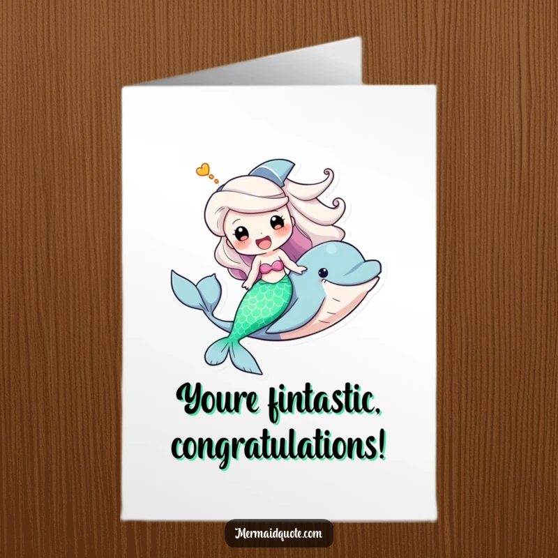 Funny free printable congratulations card showing a mermaid triumphantly riding a dolphin, celebrating success with a big, wide grin. A celebratory aquatic scene.