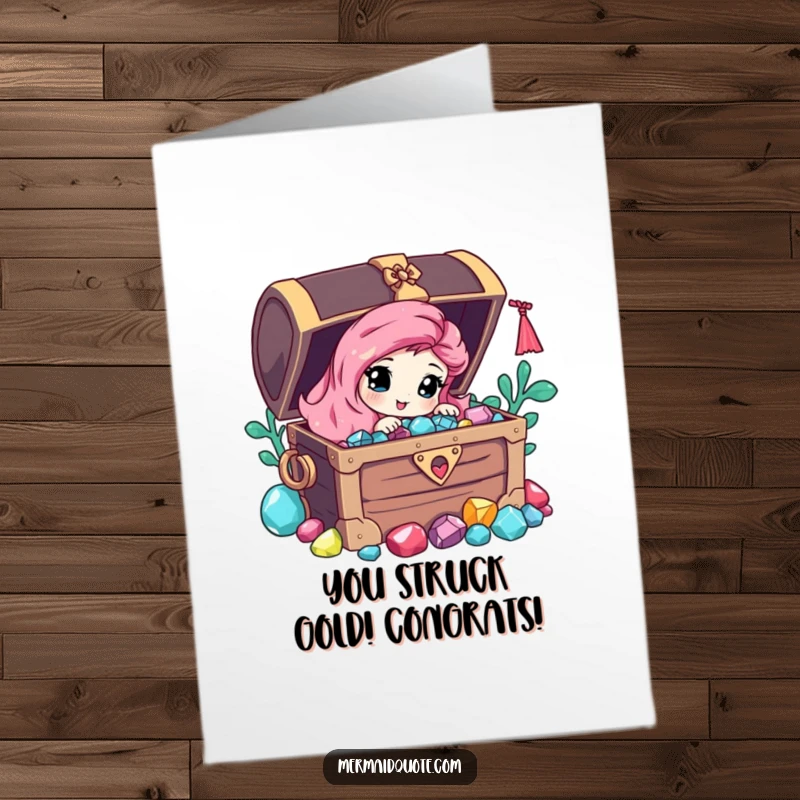 Funny Free Printable Congratulations Card featuring a curious mermaid guarding a pirate chest overflowing with gems, celebrating a great success.