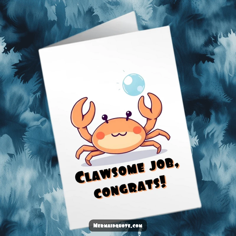 Funny Free Printable Congratulations Card featuring a tiny crab waving at a bubble, a playful expression of joy. Downloadable art.