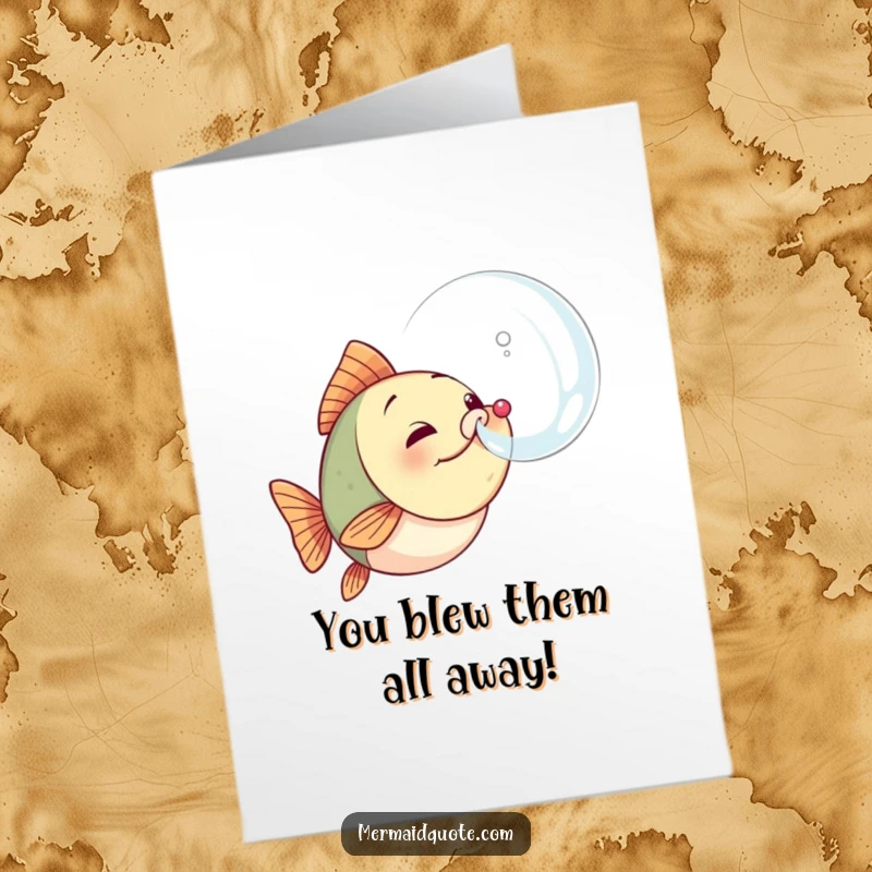 Funny Free Printable Congratulations Card: A tiny fish with immense determination blowing a huge, successful bubble, celebrating victory.