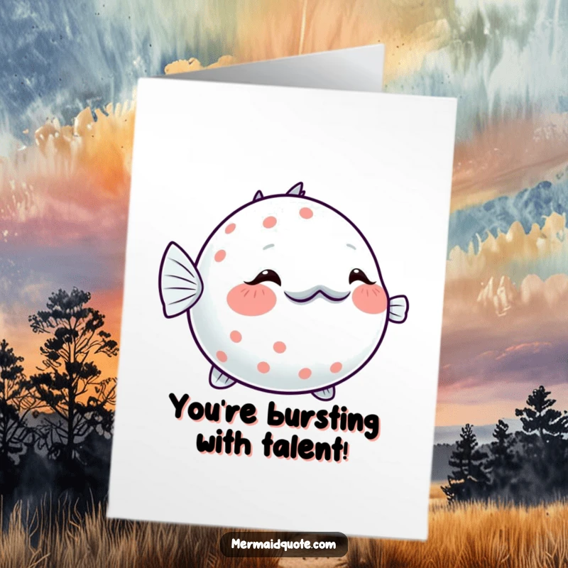 Free printable congratulations card: A shy pufferfish blushes and inflates slightly, sparkling with a happy, bashful congratulations.