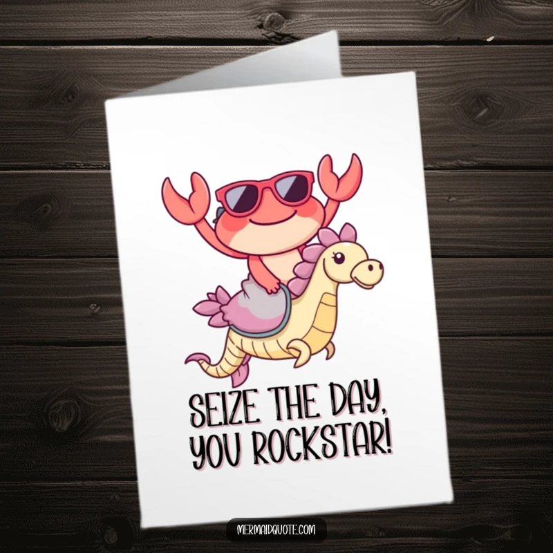 Funny free printable congratulations card: Crab in sunglasses gleefully rides a seahorse, celebrating achievements with seaside amusement.