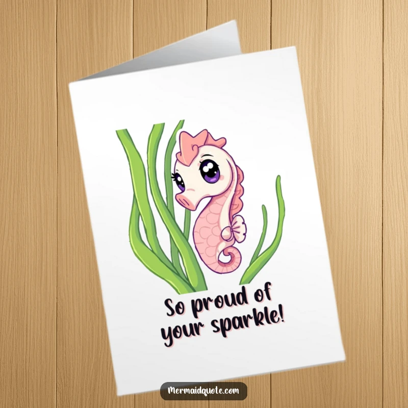 Funny Free Printable Congratulations Card: A seahorse with wide, sparkling eyes peeks from seaweed, ideal for humorous DIY congrats.