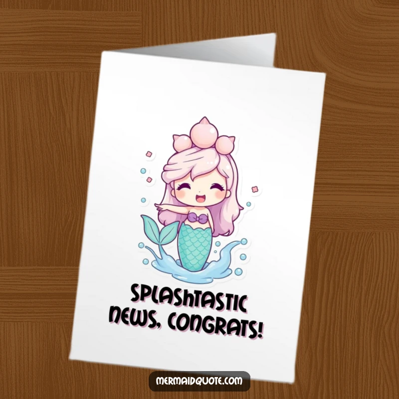Funny Free Printable Congratulations Card: A smiling mermaid with a seashell crown playfully splashes water, celebrating good news.