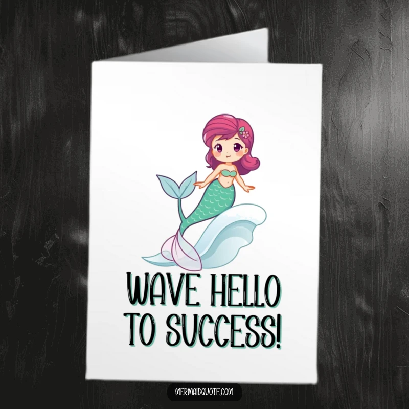 Free Printable Congratulations Card featuring a happy mermaid riding a gentle wave, her tail swishing with delight to celebrate.