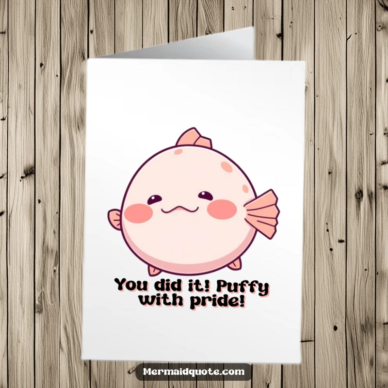 Funny Free Printable Congratulations Card: A shy pufferfish inflates slightly with a hesitant giggle, ideal for humorous DIY congrats.