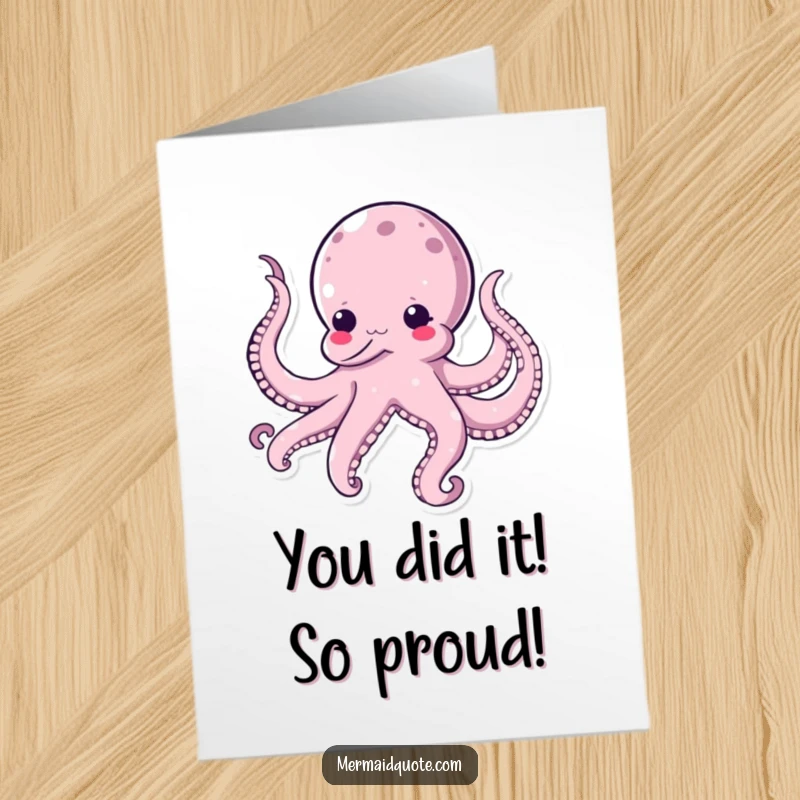 Funny free printable congratulations card showing a kawaii octopus joyfully tickling itself with its many tentacles.