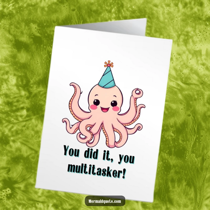 Funny Free Printable Congratulations Card: A cheerful octopus in a party hat enthusiastically waves.