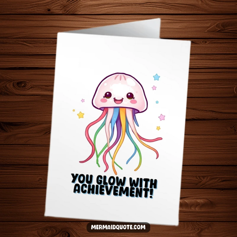 Funny Free Printable Congratulations Card: A happy jellyfish trailing colorful ribbons symbolizes celebratory success.