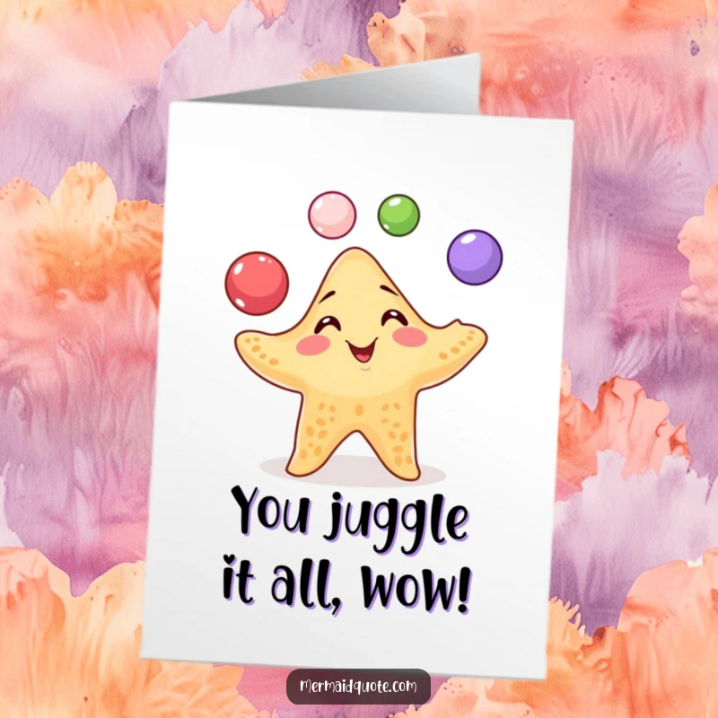 Free printable congratulations card: A playful starfish expertly juggles vibrant pearls, grinning mischievously to celebrate a big win.