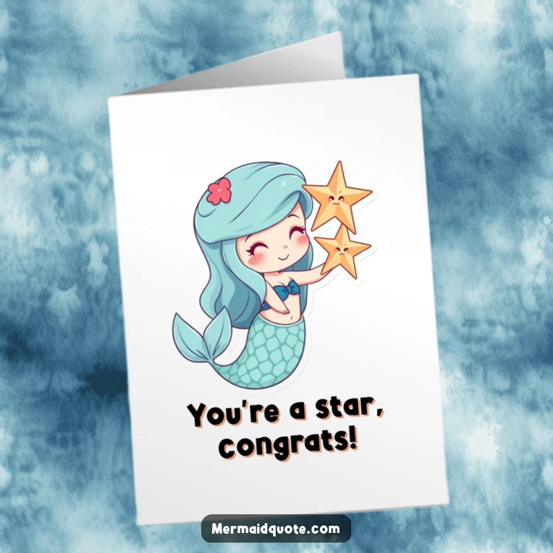 Funny Free Printable Congratulations Card depicting a mermaid skillfully balancing a starfish on her nose with a proud smile.
