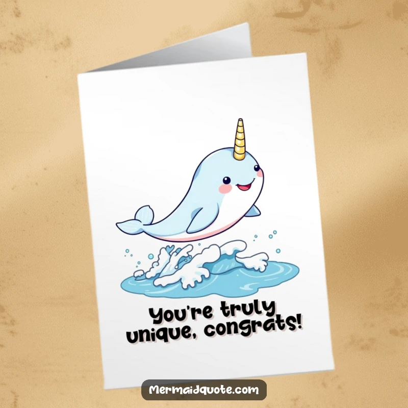 Funny Free Printable Congratulations Card: A kawaii narwhal leaps gleefully through a shimmering wave, celebrating a momentous occasion.