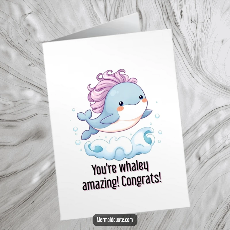 Funny Free Printable Congratulations Card: Baby whale with flowing mane joyfully leaps from waves, celebrating triumphs with high spirits.