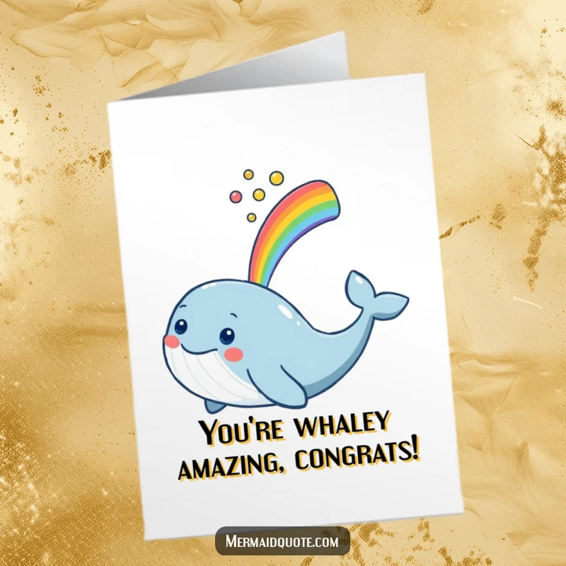 Funny Free Printable Congratulations Card: A smiling whale spouts a brilliant rainbow, signifying a moment of great success.