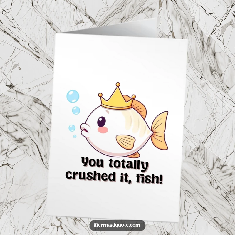Funny Free Printable Congratulations Card: A kawaii fish wearing a crown happily blows bubbles.
