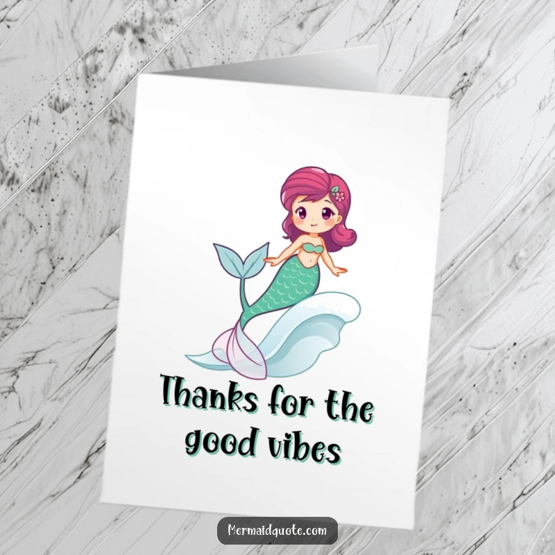 Free Printable Thank You Card showing a mermaid happily riding a wave, her tail swishing as a symbol of joyful gratitude.