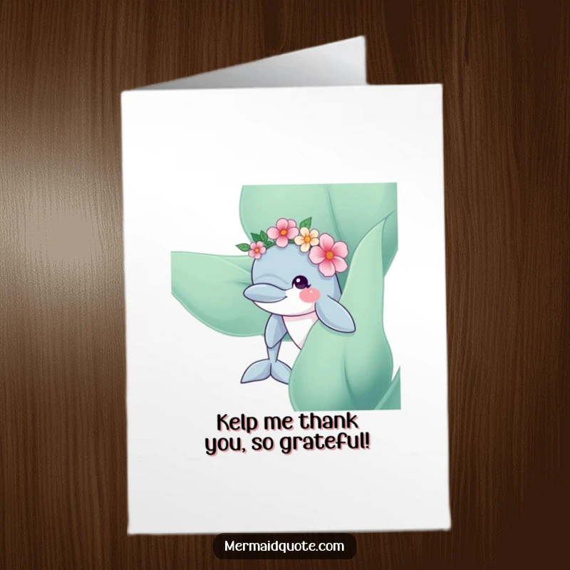 Free printable thank you card: A curious dolphin with a flower crown peeking from kelp offers a sweet, gentle expression of gratitude.