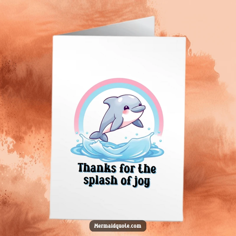 Funny Free Printable Thank You Card: A giggling dolphin leaping through a rainbow water arc, conveying thanks with pure joy.