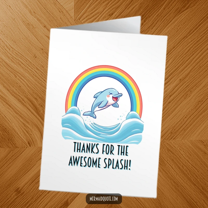 Funny Free Printable Dolphin Thank You Card: A laughing dolphin arches over a rainbow, conveying thanks with a smile.