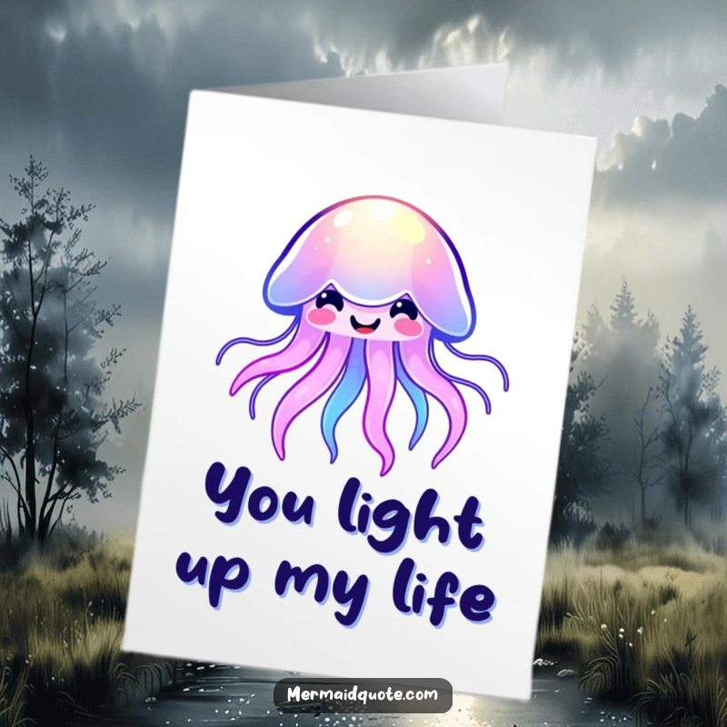 Funny Free Printable Thank You Card: A cute kawaii jellyfish radiating colorful light and a beaming smile, a unique way to say thanks.