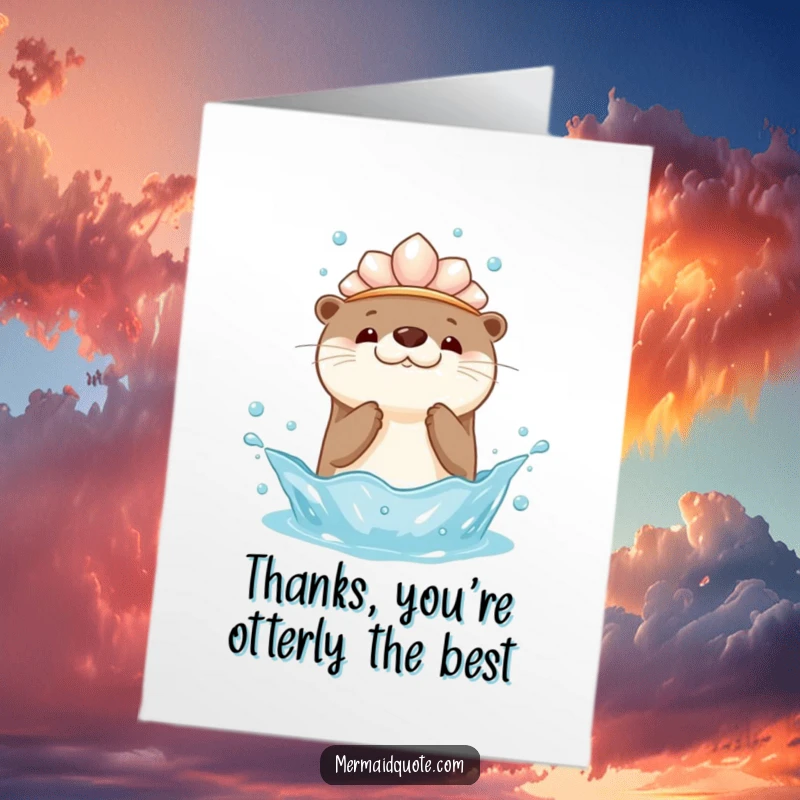 Funny Free Printable Thank You Card: Kawaii otter in seashell crown playfully splashes water, a fun way to say thank you.