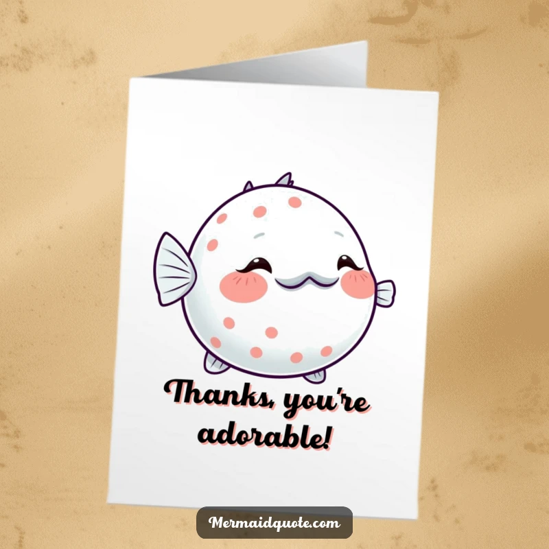 Free printable thank you card: A shy pufferfish glows with sparkling blush as it inflates slightly, conveying heartfelt thanks.