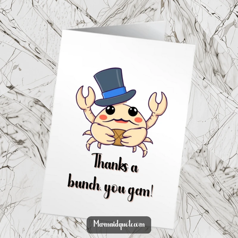 Funny Free Printable Thank You Card: A curious crab in a top hat presents a tiny treasure, conveying sincere thanks.