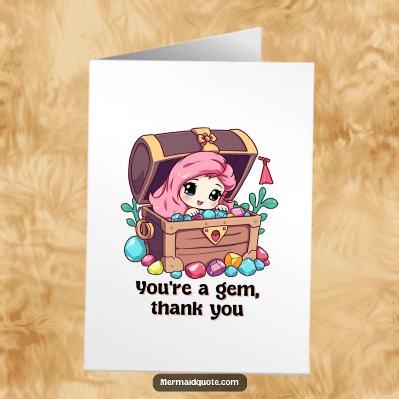 Funny Free Printable Thank You Card with a curious mermaid peeking from a gem-filled pirate chest, expressing deep gratitude.