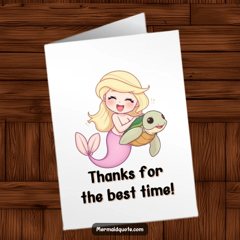 Funny Free Printable Thank You Card: A laughing mermaid tickles a shy sea turtle, conveying thanks.