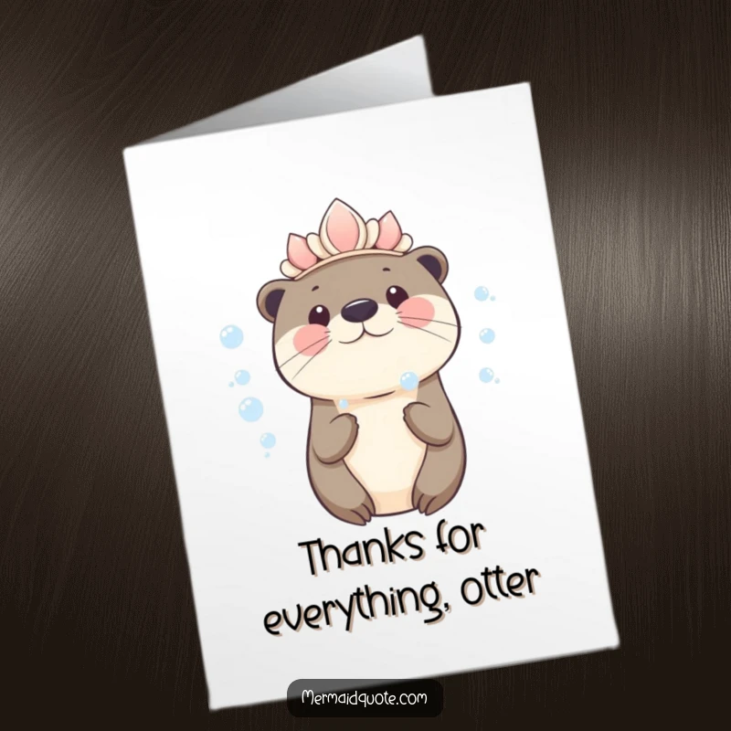 Funny Free Printable Thank You Card: A kawaii otter wears a seashell crown and blows thank you bubbles cheerfully.