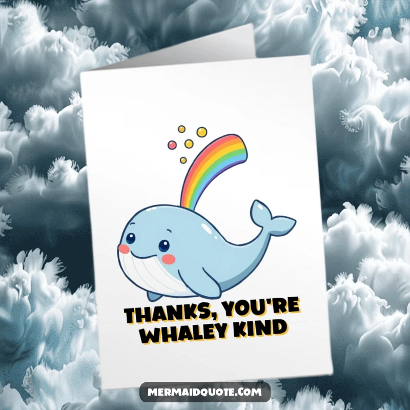 Funny Free Printable Thank You Card: A smiling whale spouts a vivid rainbow, conveying heartfelt thanks with a colorful flourish.