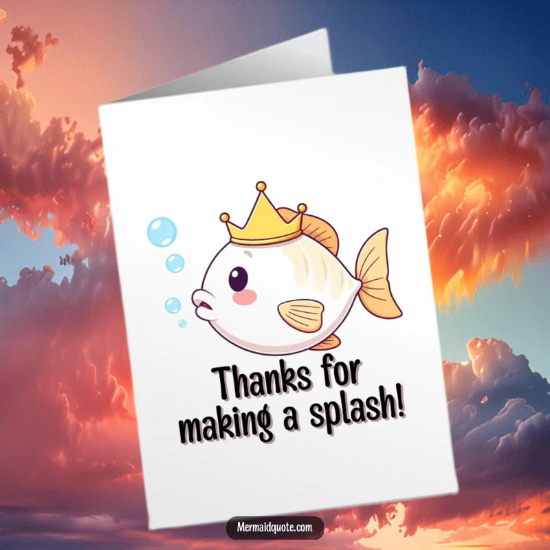 Funny Free Printable Thank You Card: A kawaii fish with a crown blowing celebratory bubbles.