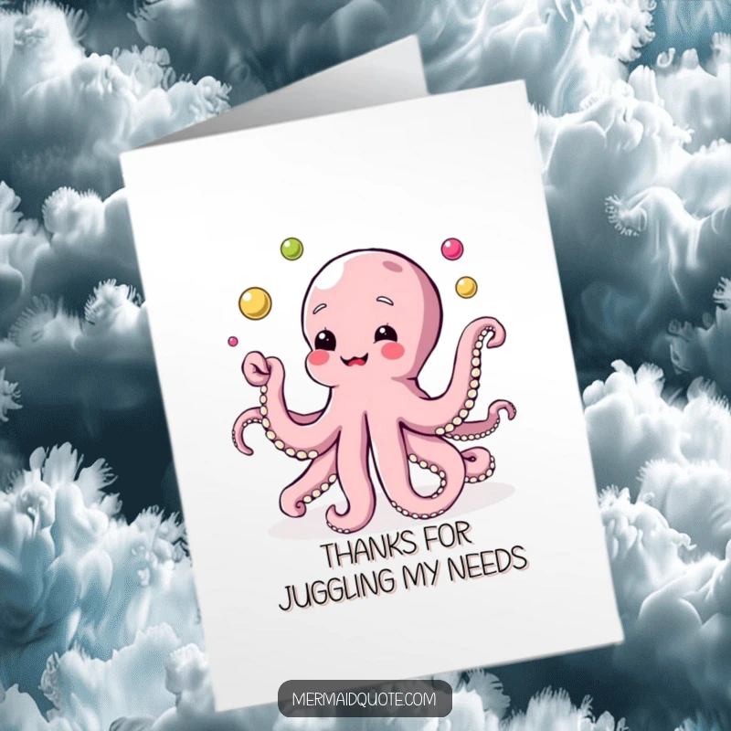 Funny Free Printable Thank You Card: A cheerful octopus juggles shiny pearls, sending a memorable 'thank you' with a smile.