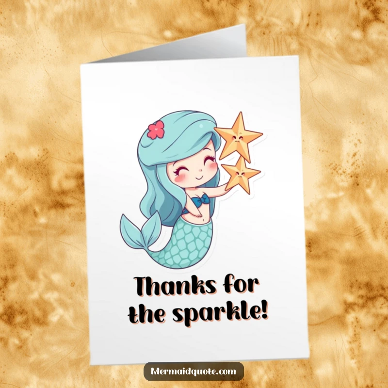 Funny Free Printable Thank You Card: A smiling mermaid masterfully balances a starfish on her nose, sharing a quirky thank you.