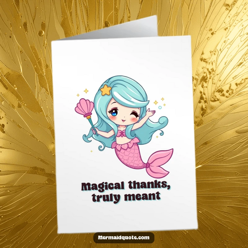 Free Printable Thank You Card featuring a mermaid waving a seashell wand, showering sparkles to convey heartfelt thanks with magic.
