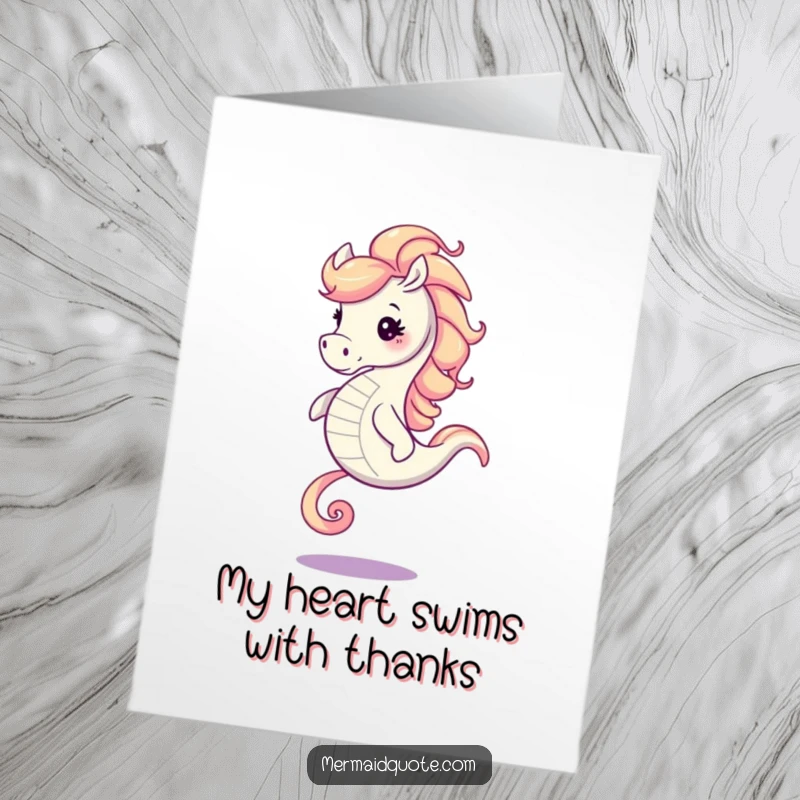 Funny Free Printable Thank You Card: A joyful seahorse with a swirling mane gallops with thanks, a delightful expression of gratitude.