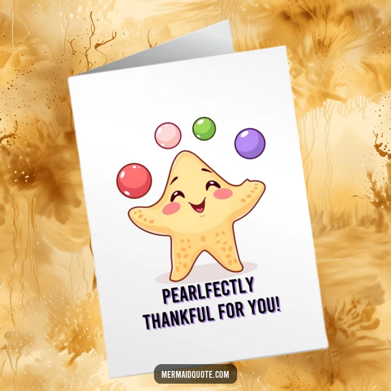 Free printable thank you card: A mischievous starfish juggles colorful pearls, offering a grateful grin and a unique way to say thanks.