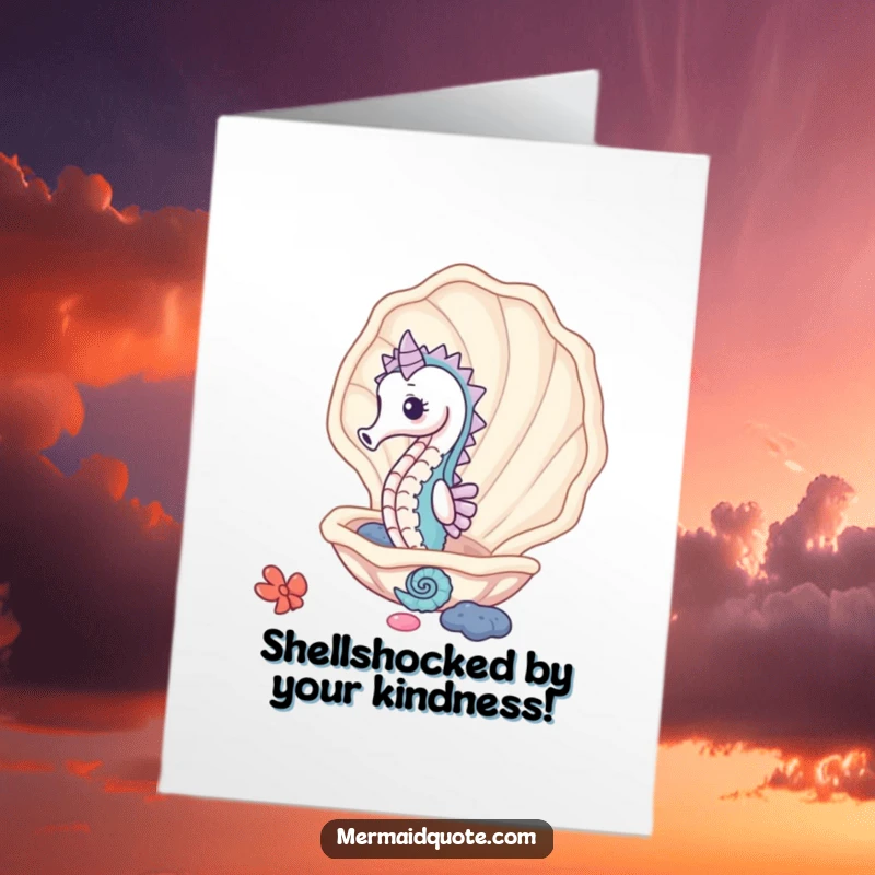 Funny Free Printable Thank You Card with a cute seahorse peeking from a clam shell, a sweet expression of thanks. Downloadable art.