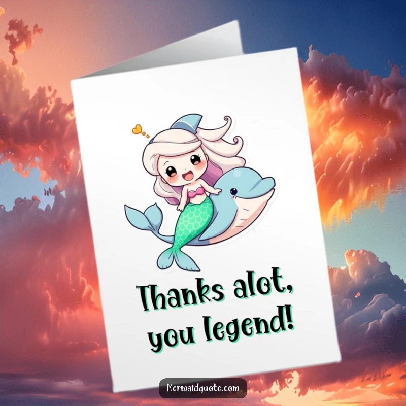 Funny free printable thank you card of a mermaid riding a dolphin with a triumphant smile, expressing gratitude in a cheerful, aquatic style.